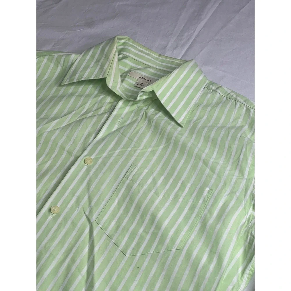Merona Men's Dress Shirt Green Striped Long Sleeve Button Down Casual‎ Work M